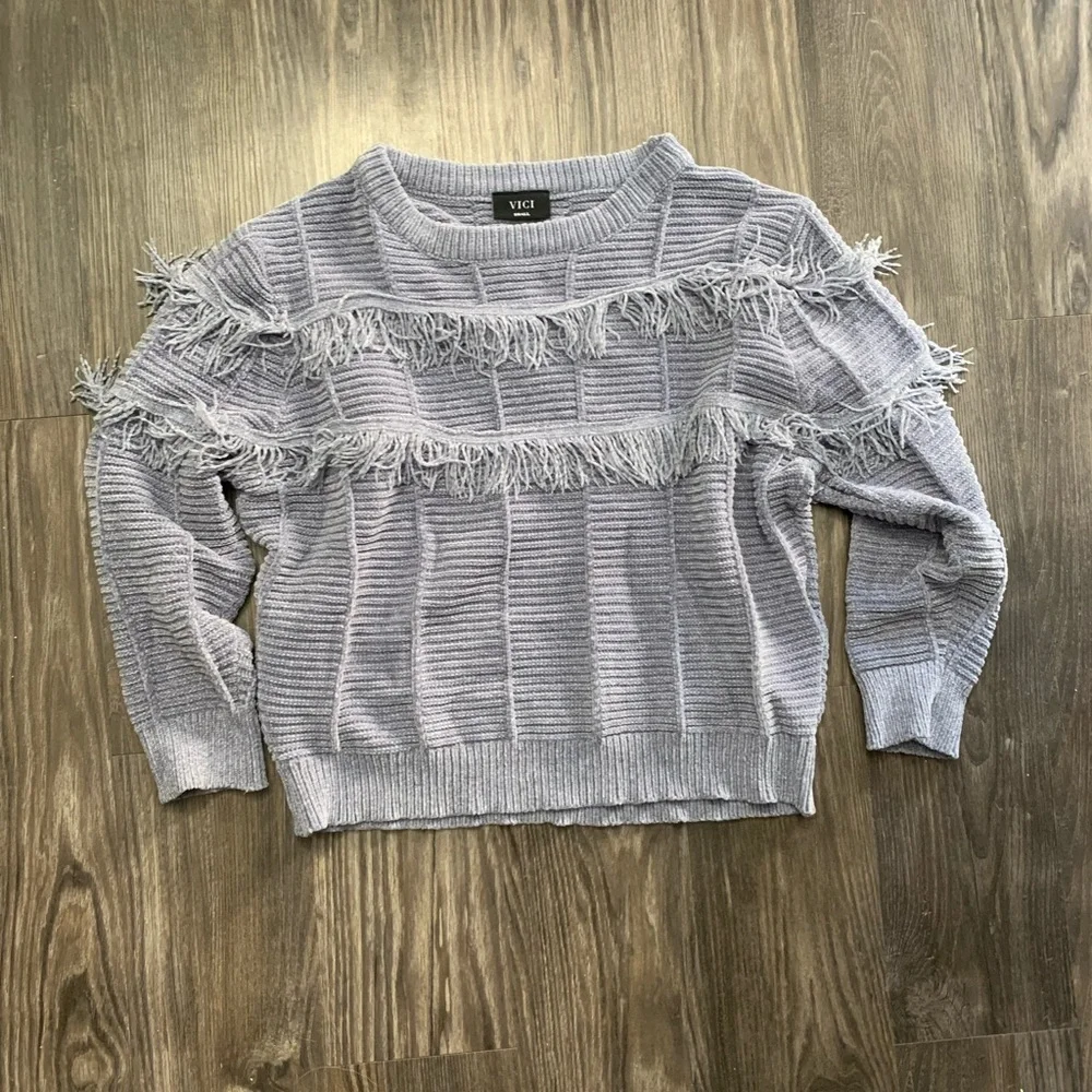 VICI dusty blue soft fringe detail sweater